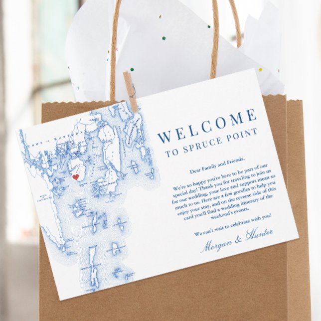 Remerciements Itinéraire de bienvenue du Mariage de la carte Spr (Welcome To Spruce Point Inn Maine Wedding Itinerary and Weekend Events Letter in elegant navy blue)