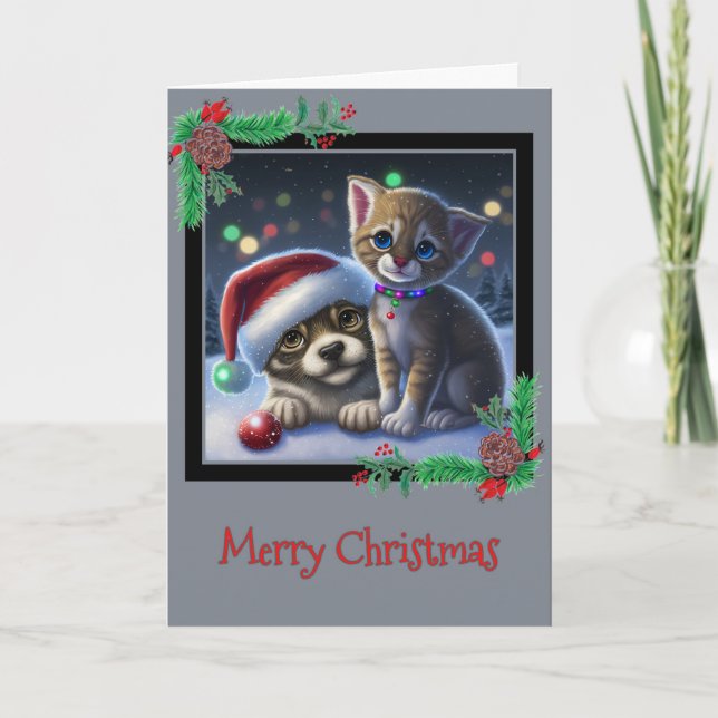 Remerciements Joyeux Noël Chiot et Kitten Carte de voeux (Devant)
