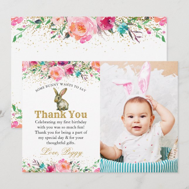 Remerciements Lapin rose Floral Anniversaire Photo Carte de reme (Devant / Derrière)