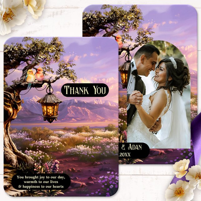 Remerciements Lavender Romantic Art Photo Mariage Carte de remer (Wedding  photo Thank You card featuring a lavender landscape at sunset with lantern and love birds)