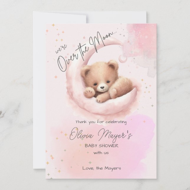 Remerciements Le rose sur la lune Baby shower de l'ours Carte de (Devant)