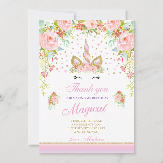 Remerciements Licorne magique d'or de rose de carte de (Devant)