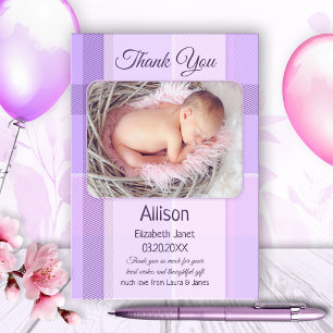 Remerciements Lilac Pastel Plaid Baby Photo Carte de remerciemen