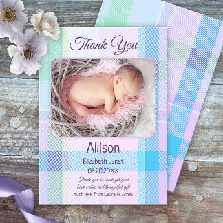Remerciements Multicolor Pastel Plaid Baby Photo Carte de remerc