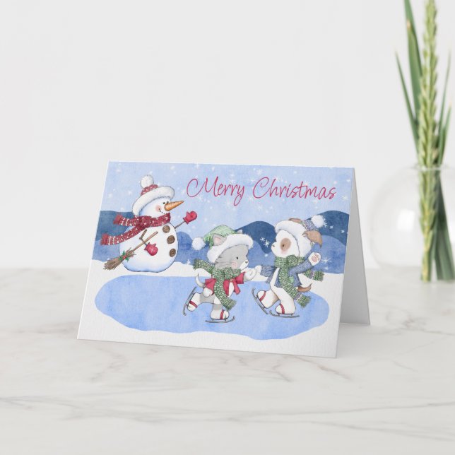 Remerciements Noël Chat Chien Chat Snowman Carte de Noël (Devant)