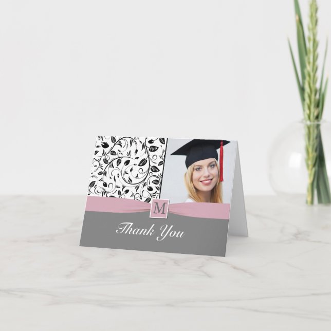 Remerciements Noir blanc damask monogramme Carte photo de gradua (Devant)