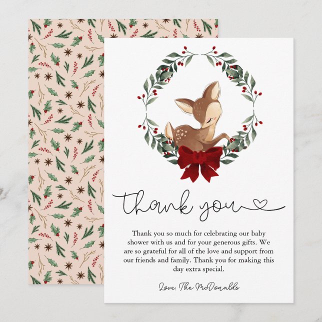 Remerciements Oh Deer Winter Greenery Baby shower Carte de remer (Devant / Derrière)