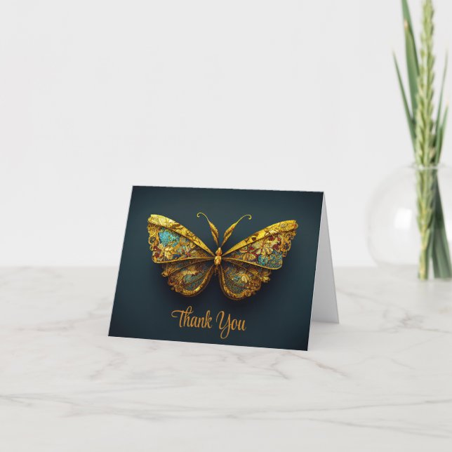 Remerciements Ornate Gold & Turquoise Butterfly Carte de remerci (Devant)