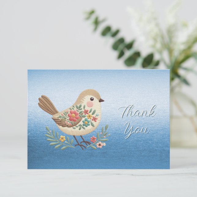 Remerciements Petite Broderie Florale d'oiseaux Carte de remerci (Debout devant)