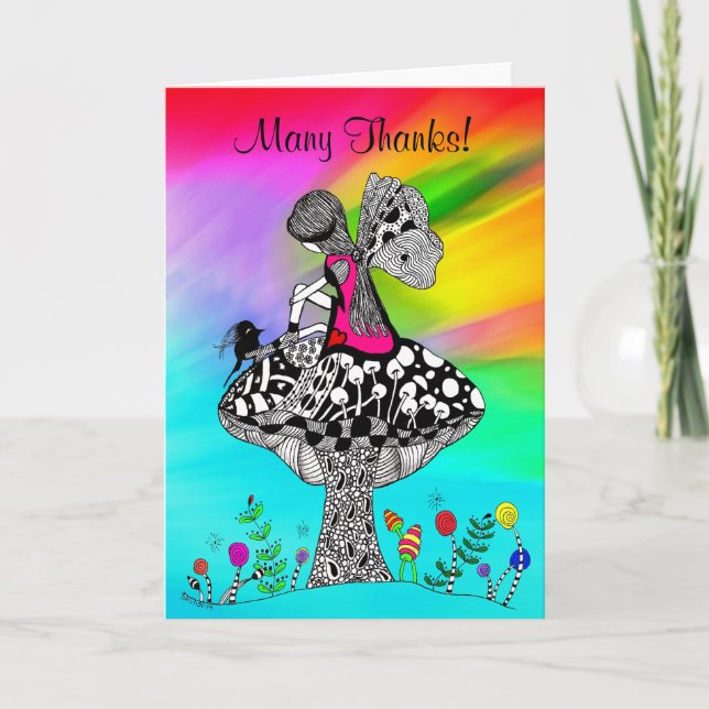 Remerciements Petite fille mignonne et carte de voeux aux oiseau (Devant)