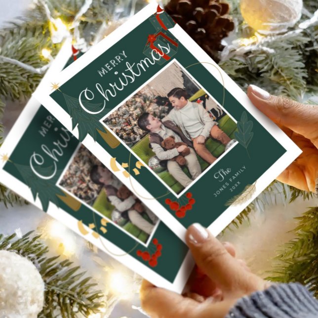 Remerciements Photo de famille pour carte de Noël verte festive (Christmas Card Photo EditableTemplate , Boho Holiday Card , Unique Merry Christmas Family Printable )