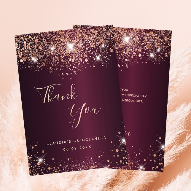 Remerciements Quinceanera Bourgogne nom rose or carte de remerci (Créateur téléchargé)