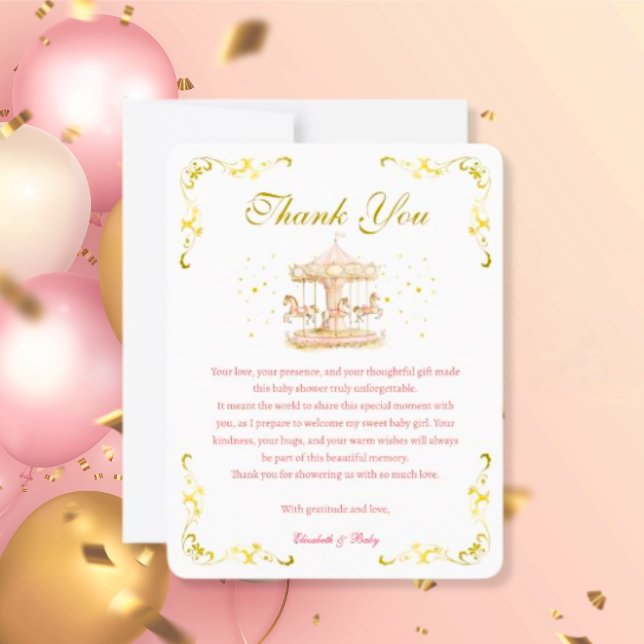 Remerciements Rêves rose et or Pony Baby shower Carte de remerci (pink-and-gold-pony-carousel-baby-shower-thank-you-card)