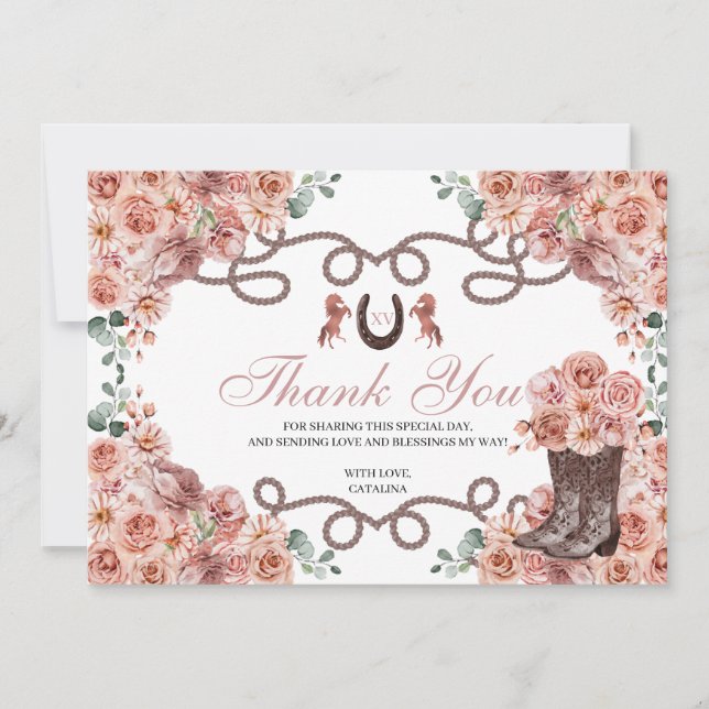 Remerciements Rose Gold Western Horse Quinceanera Carte de remer (Devant)