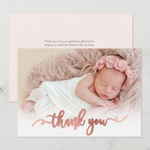 Remerciements Rose moderne Gold Script Baby Photo Carte de remer