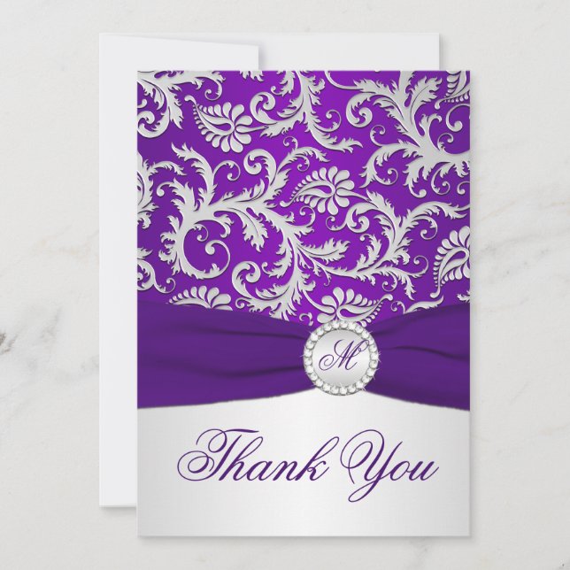 Remerciements Royal Purple and Silver Damask Carte de remercieme (Devant)
