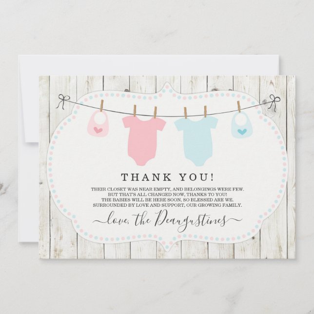 Remerciements Rustic Girl & Boy Twins Baby shower Carte de remer (Devant)