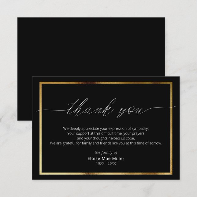 Remerciements Script moderne Simple Sympathy Gold Carte de remer (Devant / Derrière)