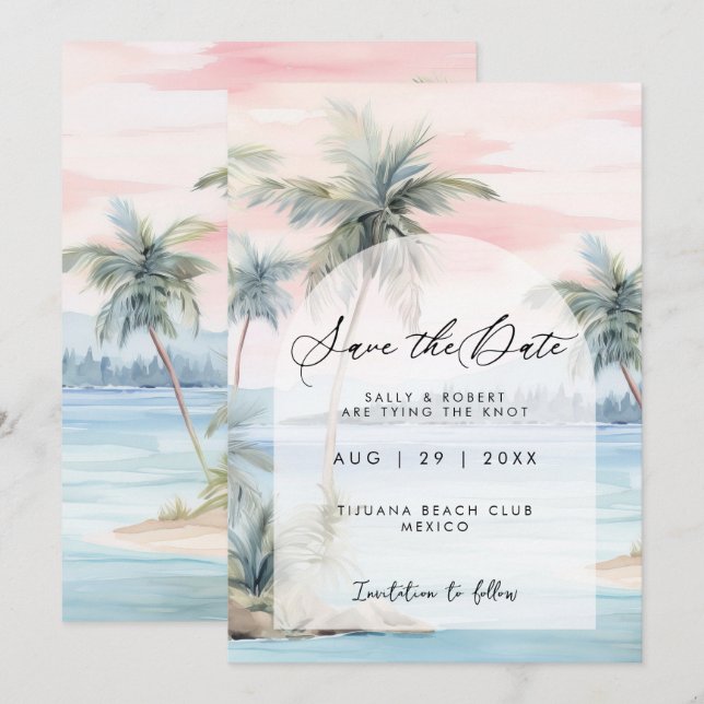 Remerciements Sunset beach palms enregistrer la carte de date (Devant / Derrière)