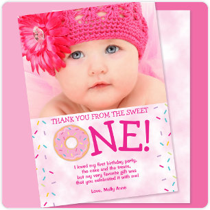 Remerciements Sweet ONE Donut 1er anniversaire fille Carte de re