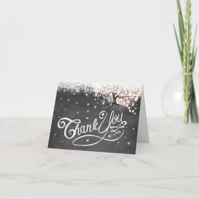 Remerciements Tableau noir Feuille coeur rose Carte de remerciem (Devant)