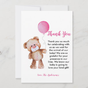 Remerciements Teddy Bear fille Baby shower Carte de remerciement