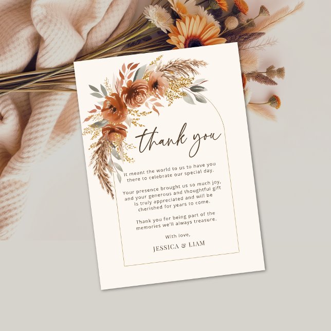 Remerciements Terracotta Fall Boho Floral Mariage Carte de remer (Terracotta Fall Boho Floral Wedding Thank you Card)