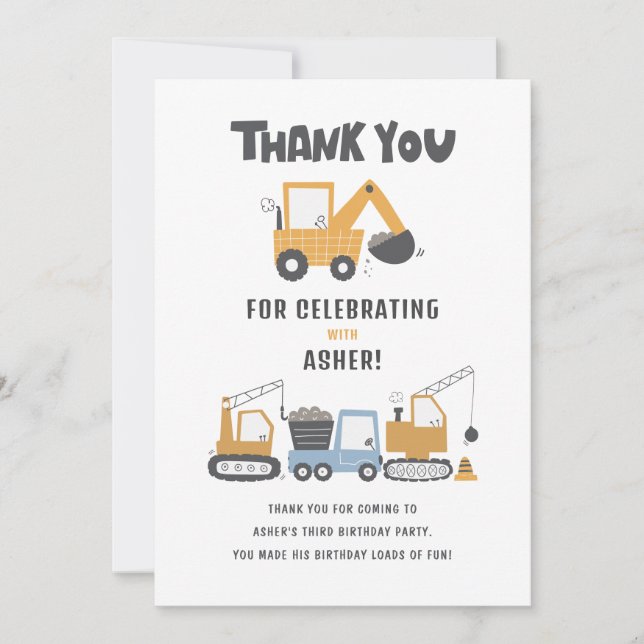 Remerciements Thème de construction Anniversaire Carte de remerc (Devant)