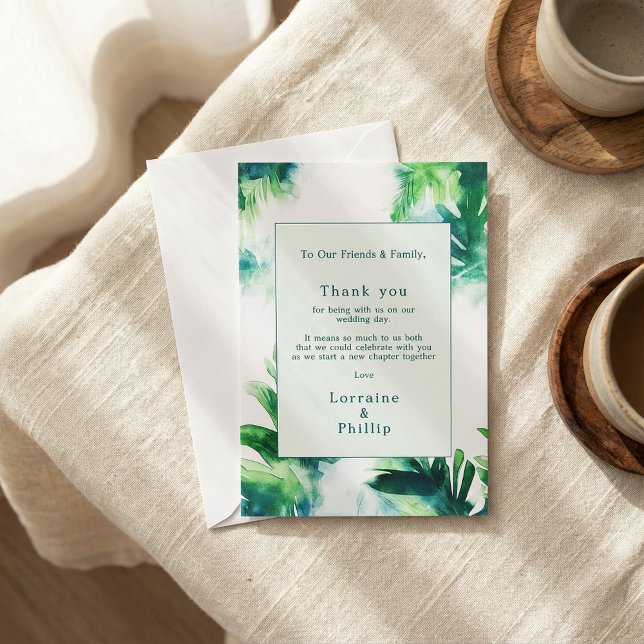 Remerciements Tropical Greenery Mariage botanique Carte de remer (Tropical Greenery botanical Wedding Thank You Card.)