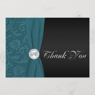 Remerciements Turquoise et noir Damask Monogramme Carte de remer