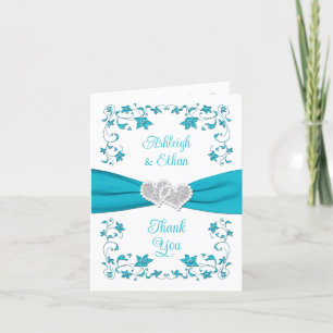 Remerciements Turquoise, Silver Love Hearts Carte de remerciemen