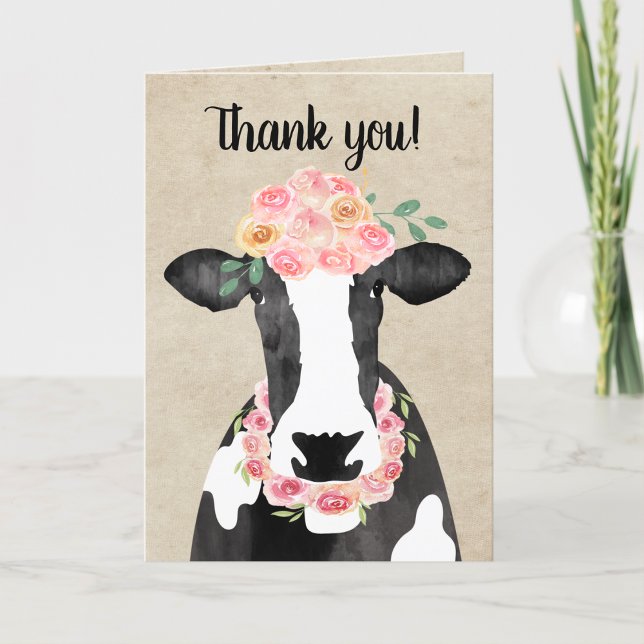 Remerciements Vache mignonne à couronne florale Carte de remerci (Black and White Cow Thank you note with a flower crown and necklace)