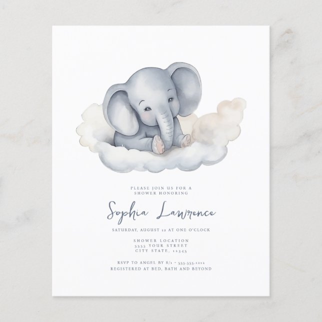 Remise Baby Elephant sur une invitation Baby showe (Devant)
