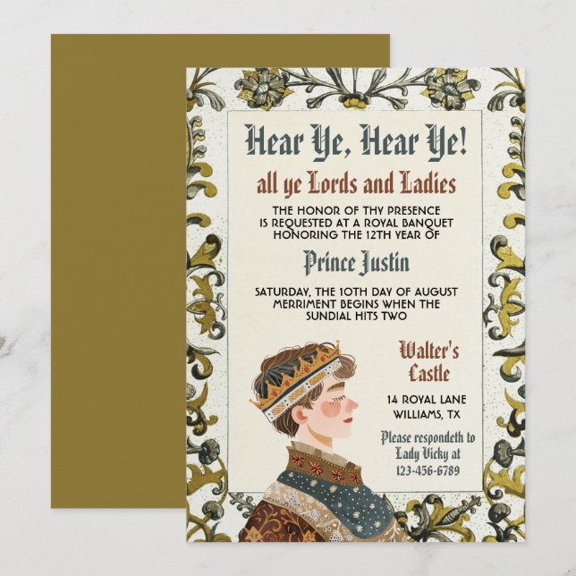 Renaissance médiévale Prince Invitation d'annivers (Devant / Derrière)