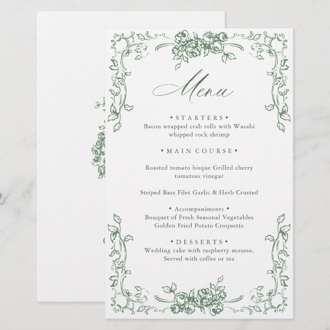 Renaissance Ornate Sage Green Floral Menu Mariage (Devant / Derrière)