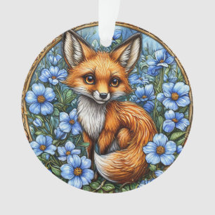 Renard adorable entouré de fleurs bleues vibrantes