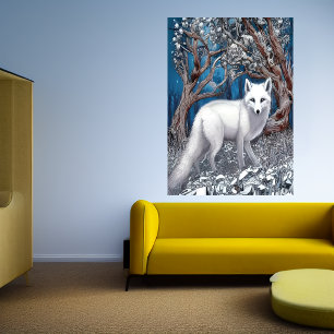 Renard blanc dans la forêt blanche AI Art Poster