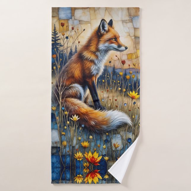 Renard dans une prairie fleurie (Serviette de bain)