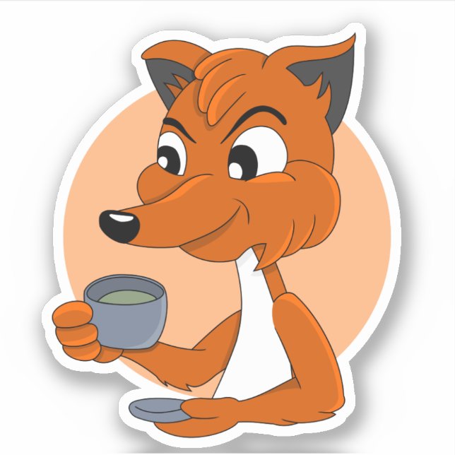 Renard de dessin animé buvant du thé - autocollant (Devant)
