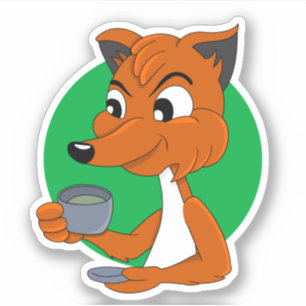 Renard de dessin animé buvant du thé - autocollant