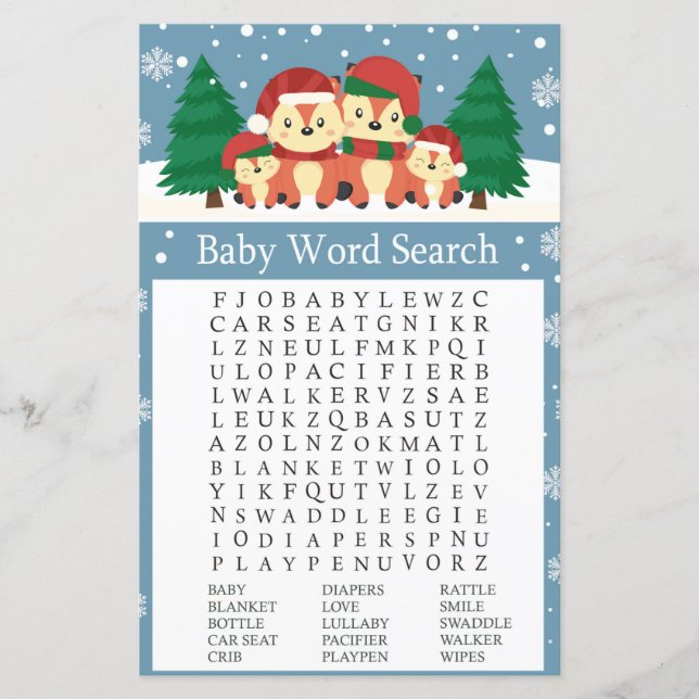 Renard d'hiver Baby shower Word Search Jeu (Devant)