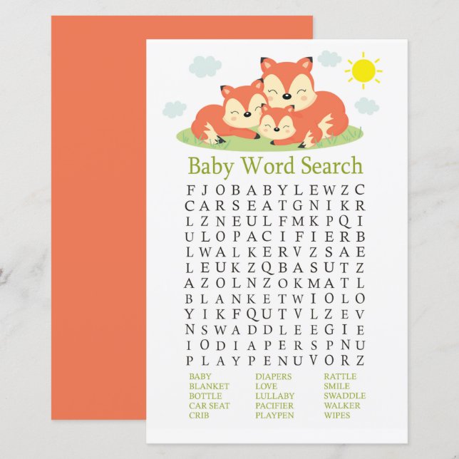 Renard endormi Baby shower Word Search Jeu (Devant / Derrière)