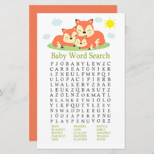 Renard endormi Baby shower Word Search Jeu