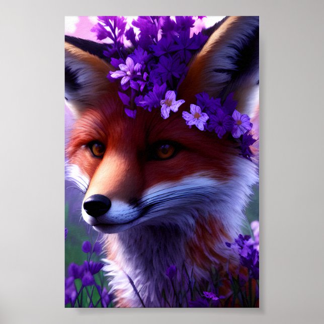 Renard entouré d'un poster de fleurs violettes (Devant)