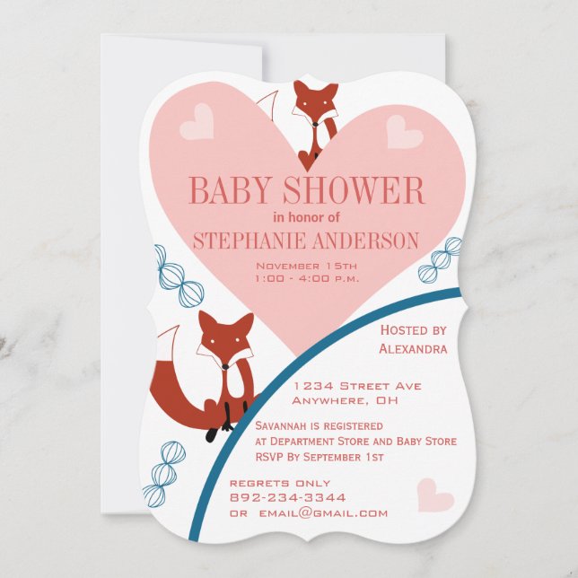 Renard et Coeurs Baby Girl Douche Invitations (Devant)