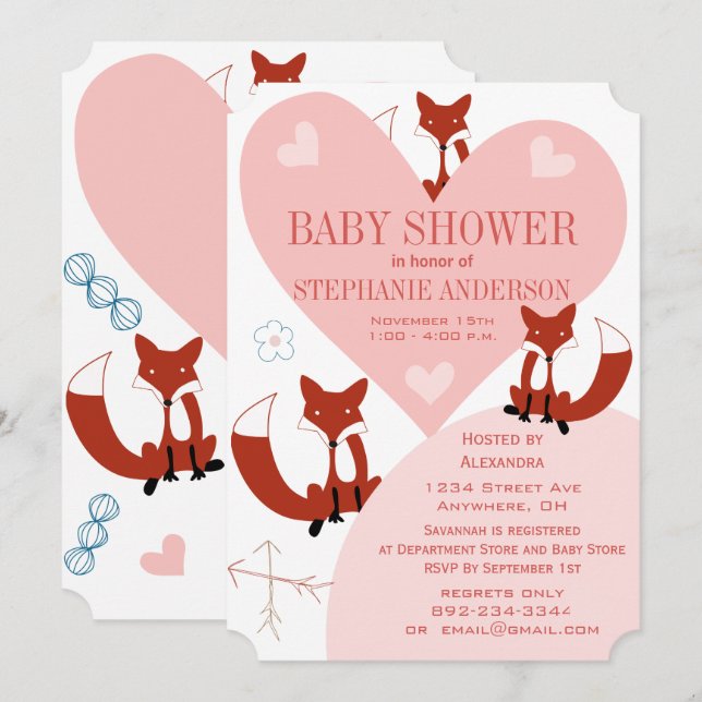 Renard et Coeurs Baby Girl Douche Invitations (Devant / Derrière)