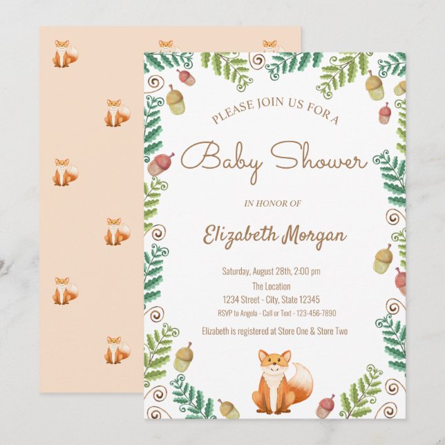 Renard, Invitation à une Baby Shower en Forêt (Devant / Derrière)