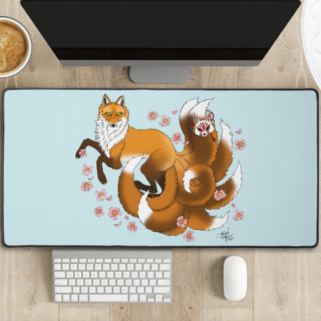 Renard Kitsune Fantaisiste Fleurs de Cerisier Bleu (Créateur téléchargé)