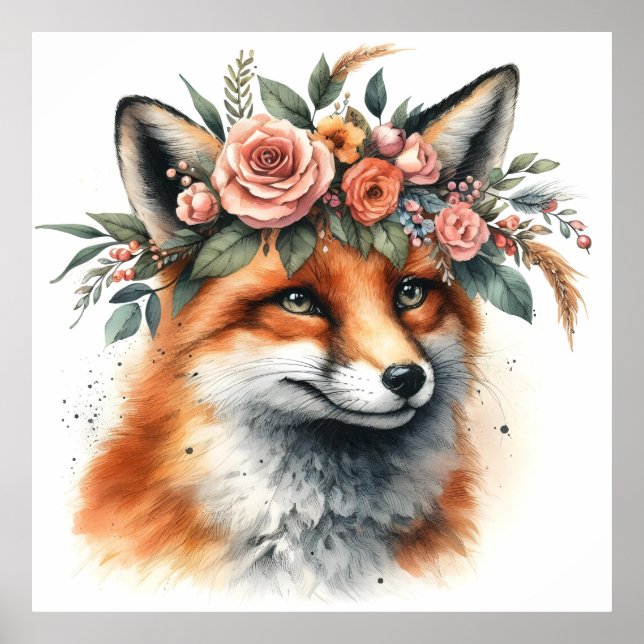 Renard mignon avec affiche de la Couronne florale (Devant)