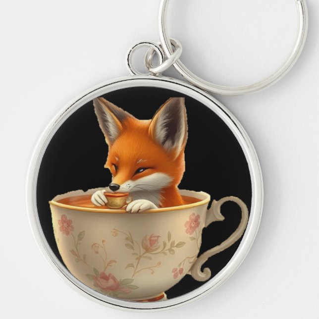 Renard Mignon Buvant du Thé sur Porte-Clés (Devant)